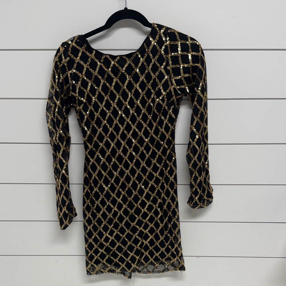Black & Gold Sequin Mini Dress - Long Sleeve Party Dress